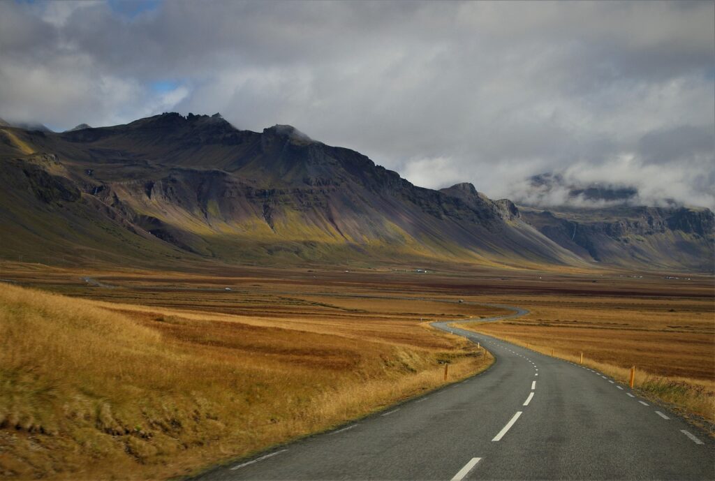mountains, nature, way, perspective, distant view, travel, scenery, cloudy, iceland, the language of the earth, asphalt, brown travel